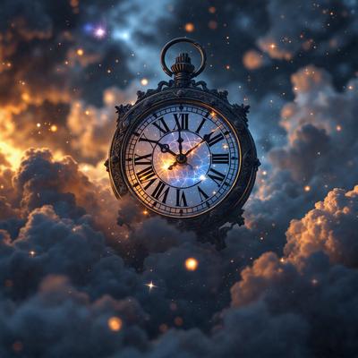 The primary subject of the image is a large, ornate clock with Roman numerals. The clock is set against a backdrop of a cloudy sky, giving it a dramatic and atmospheric appearance. The visual style of the image is a combination of photo and digital art, creating a unique and captivating scene. The colors and mood of the image are predominantly dark and moody, with the clock and clouds serving as the main focal points.